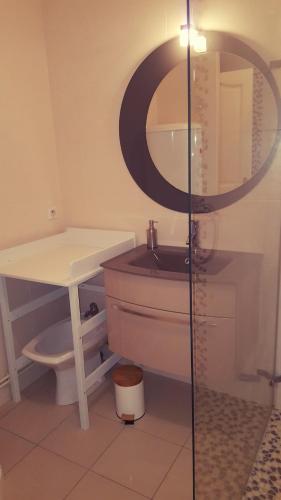 a bathroom with a sink and a toilet and a mirror at La Petite Maison in Orgueil