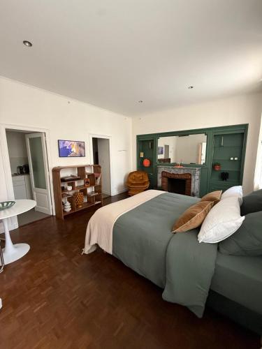 a bedroom with a large bed with green cabinets at Innocent VI face au palais in Avignon
