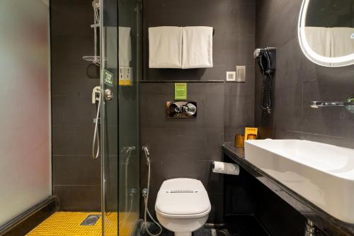 a bathroom with a toilet and a sink and a shower at Gaas BaasCo in Kathmandu