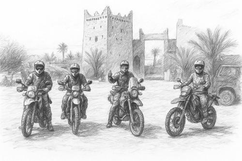 a drawing of four people riding motorcycles at Hotel Carrefour des Nomades in Mhamid