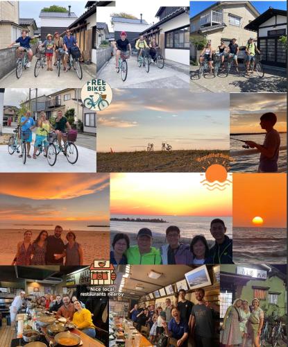 a collage of photos of people riding bikes on the beach at B&B MIKAWA - Kanazawa Fish Harbour in Mikawa