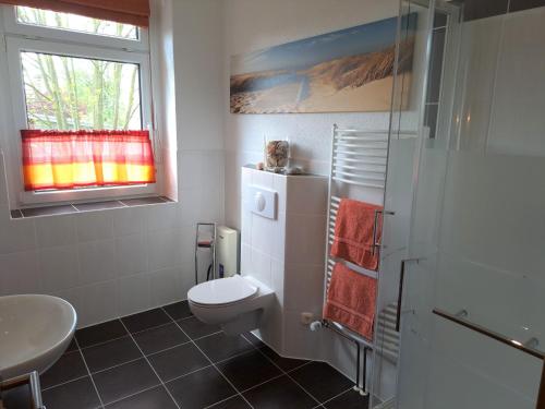 a bathroom with a toilet and a sink at Ferienhof Schönberg in Lindow