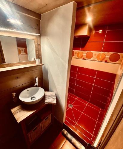 a small bathroom with a sink and red tiles at Gîte de l Auguille in Megève