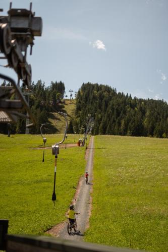 a child riding a bike down a dirt road in a field at ADEA Lifestyle Suites Fieberbrunn in Fieberbrunn