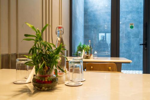 a table with a potted plant on top of it at Cosy Grand, Chanakyapuri by The Cosy Hotels in New Delhi