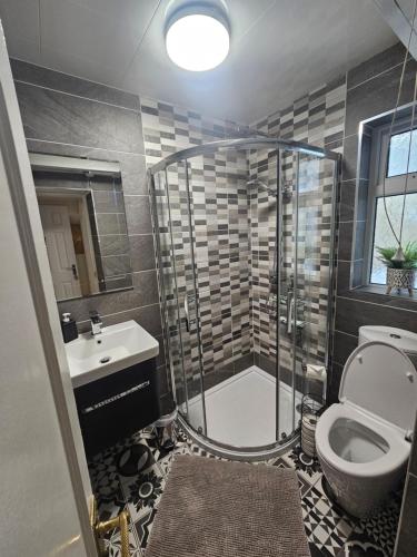 a bathroom with a shower and a toilet and a sink at Rose Park House in Derry Londonderry