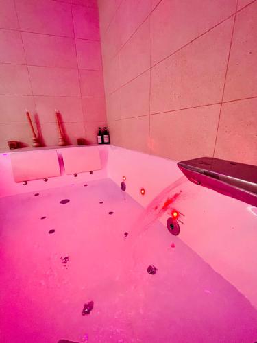 a bath tub filled with pink water in a bathroom at La suite Tournonaise in Tournon-sur-Rhône
