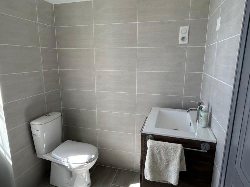 ein Badezimmer mit Toilette und Waschbecken in der Unterkunft Laugerie Basse Gites Charming Pigeonnier Gite in Berbiguières