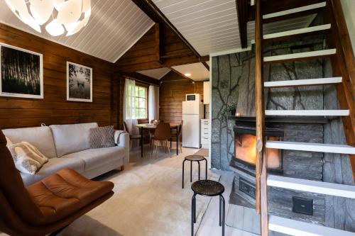 a living room with a couch and a fireplace at Lapland Aurora Riverside in Raiskio