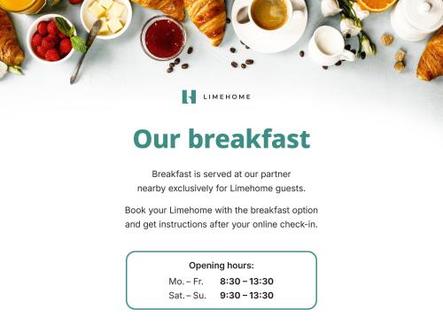 a breakfast flyer template with breakfast foods and drinks at Limehome Valencia Calle de Cadiz in Valencia