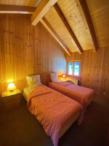 HérémenceにあるAuberge du Val des dixの木製の壁の部屋にベッドが2つある