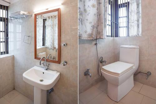 two pictures of a bathroom with a toilet and a sink at Townhouse Heritage Scindia Ghat in Varanasi