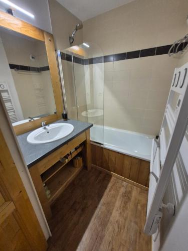 une salle de bain avec un lavabo et une baignoire dans l'établissement Appart bien situé, belle presta, à Orcières