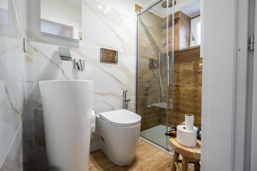 a bathroom with a toilet and a glass shower at Luna Gemella Suite & SPA in Calitri
