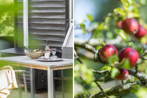 a table with a bowl of fruit and a glass of wine at 1497-N-Gilleleje-Parcelvej-3 in Gilleleje