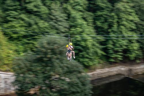 a person on a zip line in front of trees at Cosy and Modern Apartment Labska Spindl in Krausovy Boudy