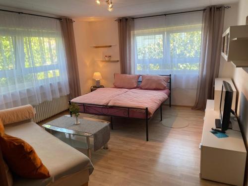 a living room with a couch and a tv at Ferien und Monteurswohnung am Schloss in Bopfingen