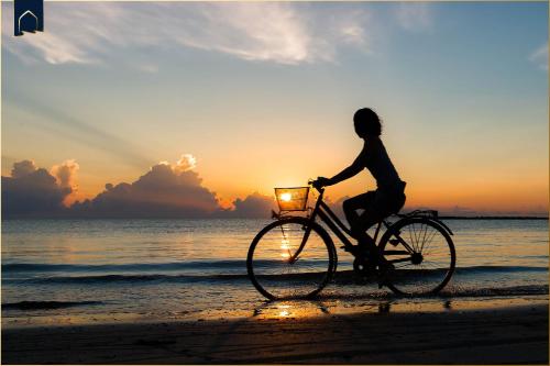 a person riding a bike on the beach at sunset at Ferienanlage Bansin Seepferdchen 5 in Bansin