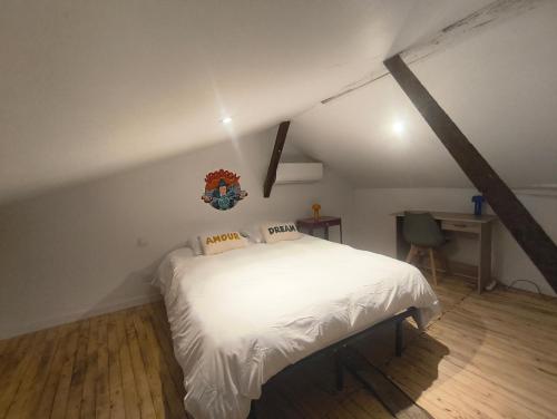 a bedroom with a white bed in a attic at Loft Le Pop Art-Balneo-Cinéma-Clim in Sainte-Livrade-sur-Lot