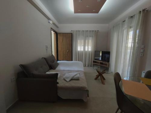 a living room with a couch and a bed and a television at Gastouni Urban stay in Gastoúni
