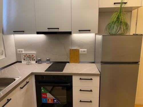 a kitchen with a stove and a refrigerator at Villa REJA Hamallaj in Draçi