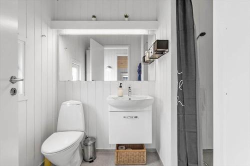 a small bathroom with a toilet and a sink at BL1739-Blokhus-Bag-Hojen-47 in Blokhus