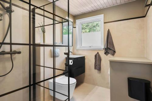a bathroom with a toilet and a shower at BL1466-Pandrup-Lunekrogen-14 in Pandrup