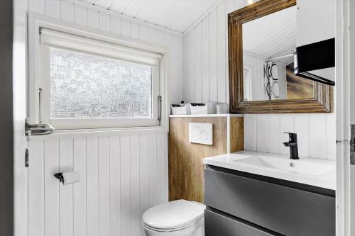 a bathroom with a toilet and a sink and a mirror at BL1546-Saltum-Stenrev-6 in Saltum