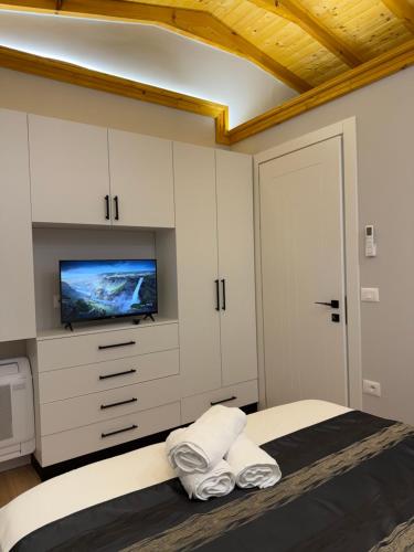 a bedroom with a bed with a tv on the wall at Villa REJA Hamallaj in Draçi