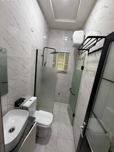 a bathroom with a toilet and a sink and a shower at Muzah Homes Phc in Port Harcourt