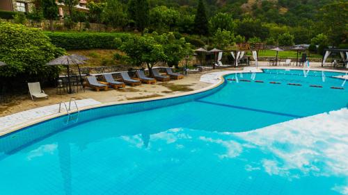 a large blue swimming pool with chairs and umbrellas at Hotel Epavlis in Káto Poróïa