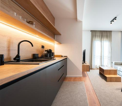 a kitchen with a sink and a living room at Nanooq Apartments in Kolašin