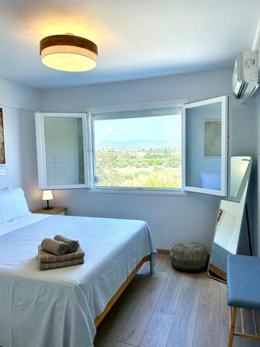 a bedroom with a bed and a large window at Silver View Apartment in Polis Chrysochous