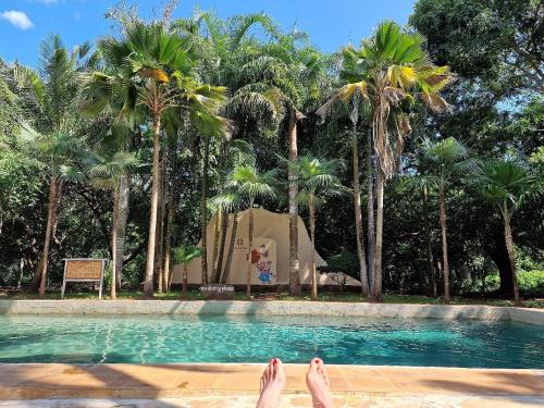 a persons feet in a swimming pool with palm trees at Eleven Pearl Boutique Hotel & Spa in Diani Beach