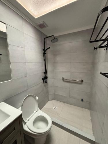 a bathroom with a toilet and a shower at Microdepartamentos Chillán in Chillán