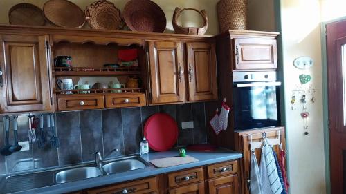 a kitchen with wooden cabinets and a sink and a microwave at Villa 3 chambres à Saint-Cirgues-de-Malbert avec piscine in Saint-Cirgues-de-Malbert