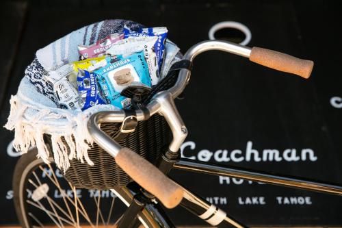 a basket on the front of a bike at The Coachman Hotel in South Lake Tahoe