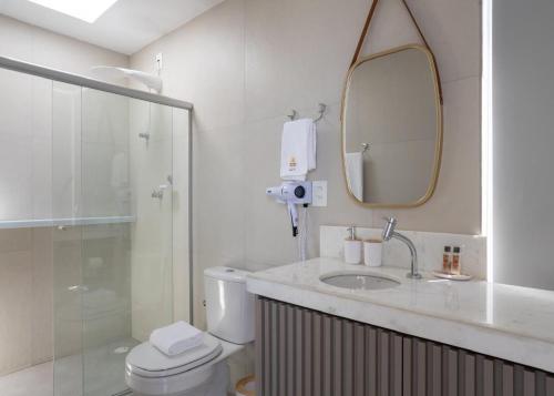 a bathroom with a toilet and a sink and a mirror at Bangalô moderno e super bem equipado in Passo de Camarajibe