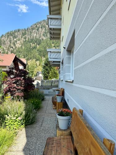 a building with benches and a window with flowers at AH Carinthia Mallnitz - Carinthia Appartements in Mallnitz