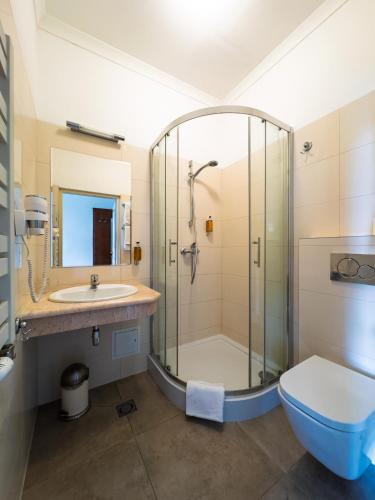 a bathroom with a shower and a toilet and a sink at Hotel Polonia in Kraków