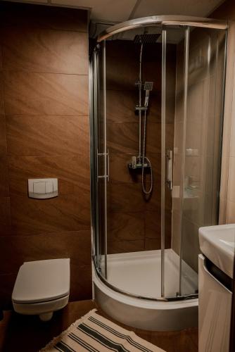 a bathroom with a shower with a toilet and a sink at Hotel Świt in Kraków