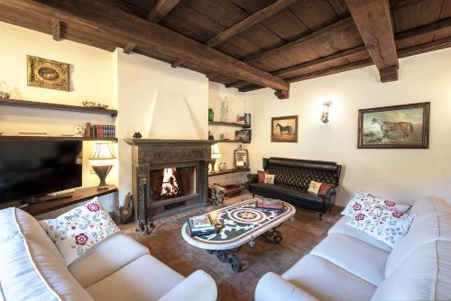 a living room with two couches and a fireplace at Borgo La Ferriera - Celleno Viterbo con Piscina in Celleno