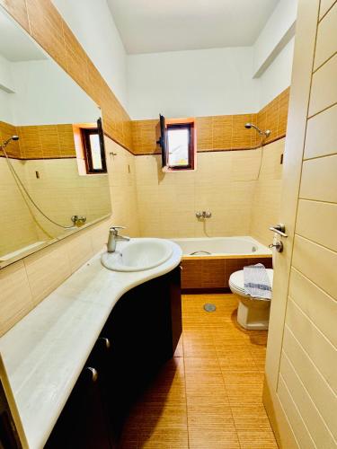 a bathroom with a sink and a tub and a toilet at Mani Spot Sunset View in Areopoli