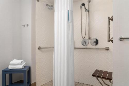 a bathroom with a shower curtain in a room at Hampton Inn & Suites Middletown in Middletown