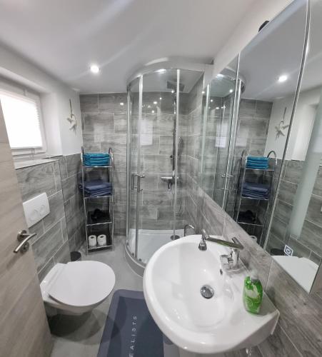 a bathroom with a sink and a shower and a toilet at Casa Mia 37 am See in Joachimsthal