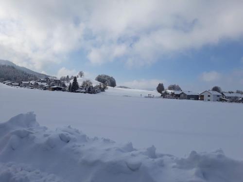 a snow covered field with houses in the background at Ferienwohnung Rechler in Frasdorf