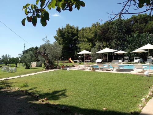 a yard with a pool and chairs and umbrellas at Agriturismo Santa Chiara in Alezio
