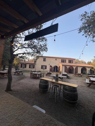 a picnic area with tables and barrels and a building at Ferme auberge U sapè fà in Saliceto