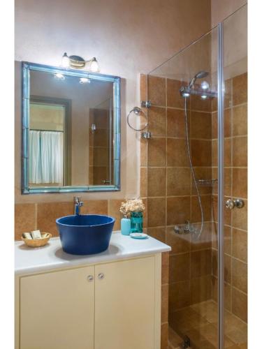 a bathroom with a blue sink and a shower at Pandora in Pirgos Dhirou