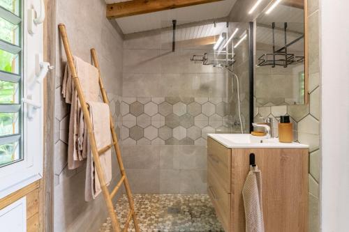 a bathroom with a sink and a shower at Le Cosy Palétuvier in Vieux Bourg